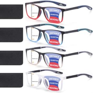 BLOEXCLU 4 Pack Progressive Multifocus Reading Glasses for Men Women TR90 Sports Style Anti-Blue Light Computer Readers