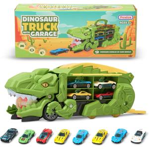 Prextex Dinosaur Truck Garage - Multicolored Plastic Dino Truck with Cars - Transport Dinosaur Truck with Foldable Sliding Track Trucks for Boys - Fun Dinosaurs Toys for 3+ Year Boys