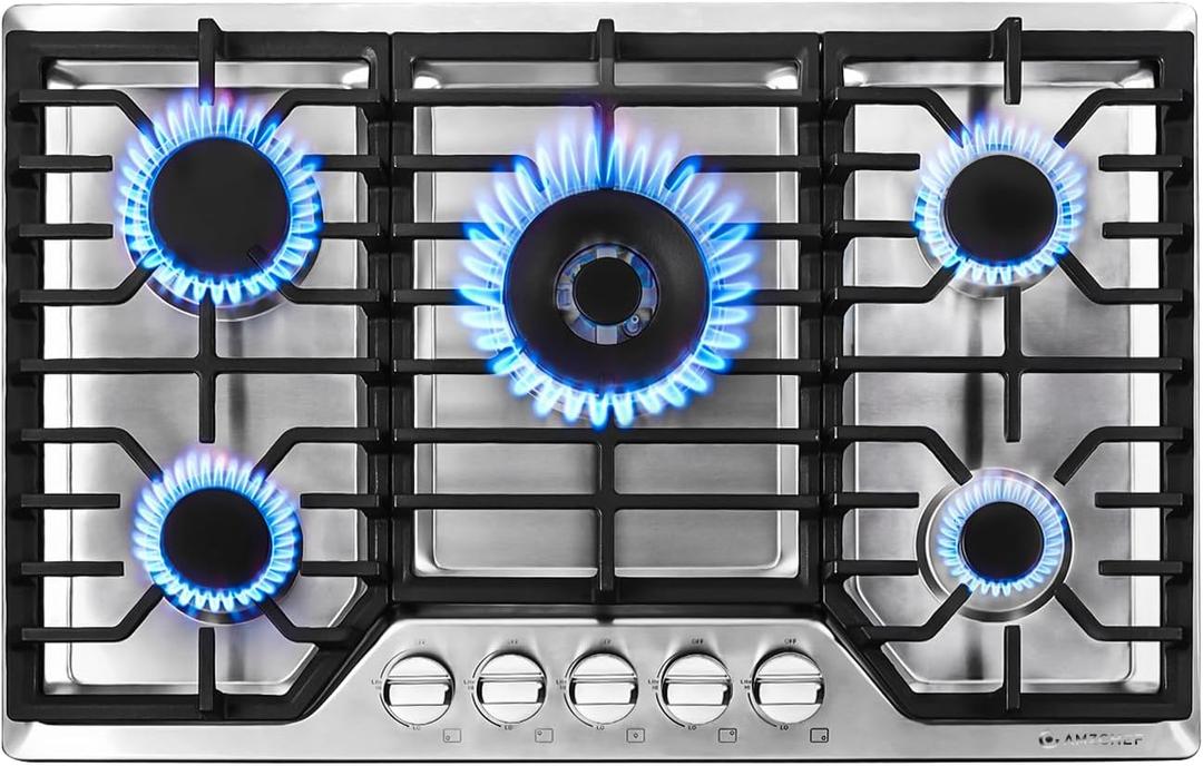 AMZCHEF 30 inch Gas Cooktop with 5 Made in Italy SABAF Power Burners.Max 48,300 BTU/hr Built-in Gas Stove top of 304 Stainless steel,NG/LPG Convertible, ETL.