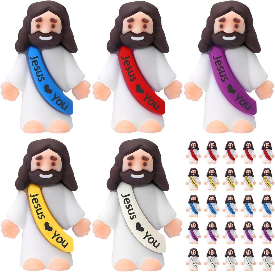 Bememo 25 Pcs Little Jesus Figures Original Design Jesus Love You Mini Rubber Toys to Hide and Seek Religious Party Favors Sunday School Baptism Gifts(Lively Colors)