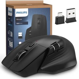 PHILIPS Ergonomic Wireless Mouse, Multi-Device Bluetooth (USB-A/C) for Laptop & Mac/PC, Silent Productivity Mouse with Side Scroll, 5-Level DPI Rechargeable Computer Mouse, Right-Handed Comfort