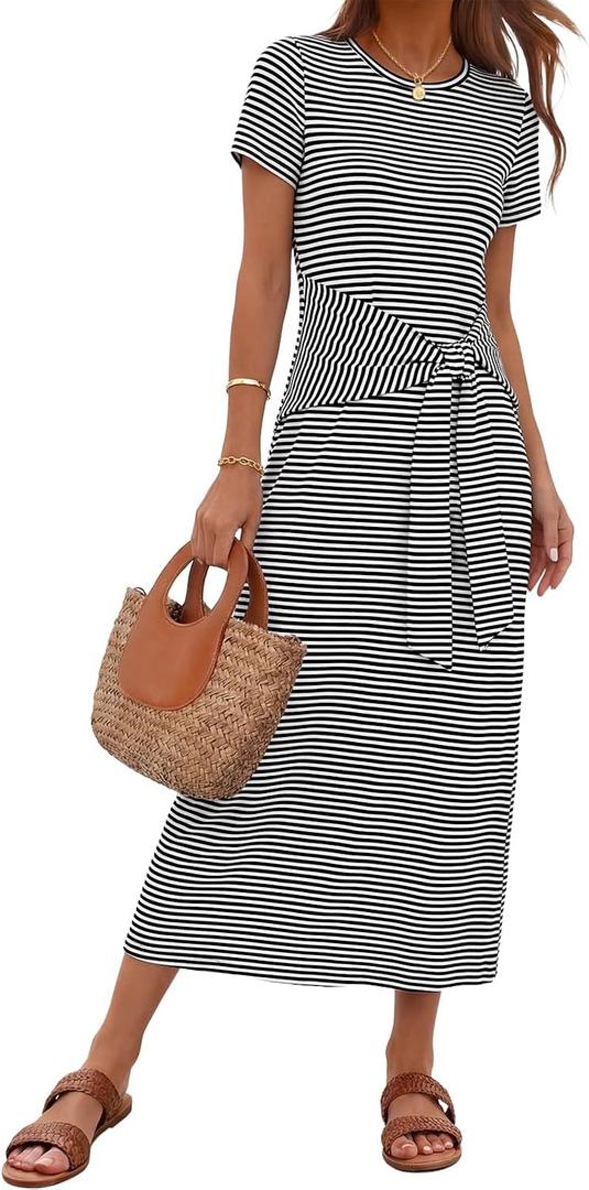 MEROKEETY Women's Summer Maxi Dresses 2026 Casual Spring Short Sleeve Tie Waist Work Beach Vacation T Shirt Long Dress (XXL)