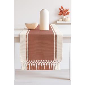 PurpleEssences Rust Table Runner - Wide with Dobby Stripe, Heavy Ribbed Weave & Double Knot Fringes, 14x72 Inch (14x77.5 with Fringes) Boho Farmhouse Decor - Fall Thanksgiving - Rust and H.White