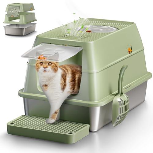 Eosarcu Stainless Steel Cat Litter Box with Lid, XL Large Enclosed High Sided Litter Box with Removable Lid, Carbon Filters -Odor Free, Easy Cleaning, Anti-Urine Leakage for Big Cats -Green