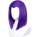 Half and Half Short Purple Anime Cosplay Wig Dark Purple Straight Bob Wigs + Red Gem + Wig Cap 14'' Synthetic Hair for Women Halloween Costumes Party