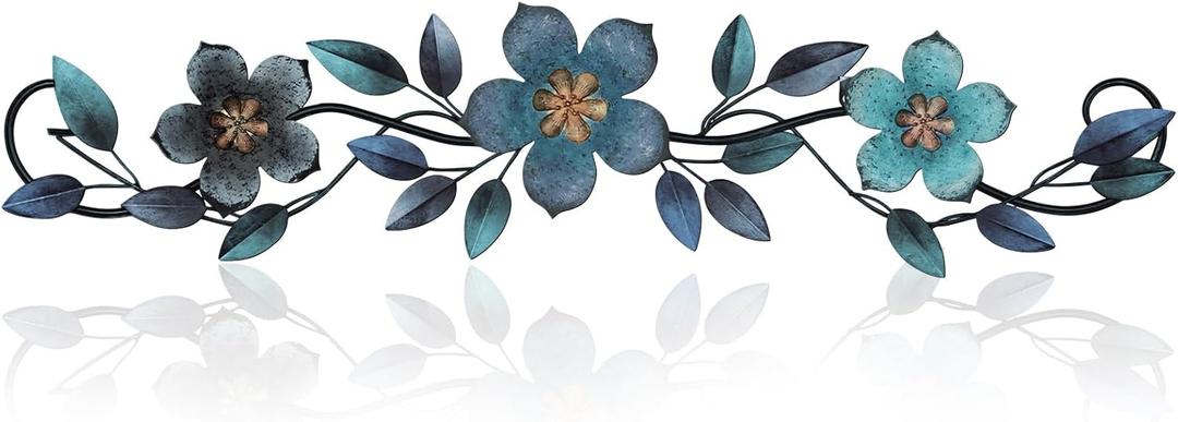 Wesiti Metal Flower Wall Decor Vintage Spring Metal Flower Wrought Iron Scroll Sculpture 15.7''x3.7'' Farmhouse Leaves Wall Decor with Nails for Spring Living Room Bedroom Indoor Outdoor(Blue)