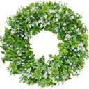 Small Mini St Patricks Day Wreath 16 Green Shamrock Clover Wreaths for Front Door with White Flowers, Small St. Patricks Day Spring Summer Door Decorations Indoor Outdoor