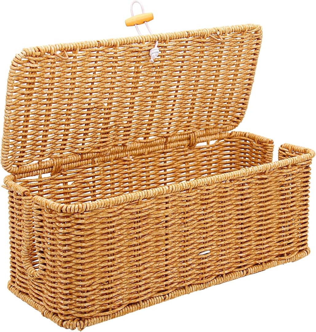  Cable Management Box, Handmade Rattan Cable Organizer, Open Slots Cords Hider Box Cord Basket Under Desk Cord Organizer for Computer Router USB Hub & Power Strip