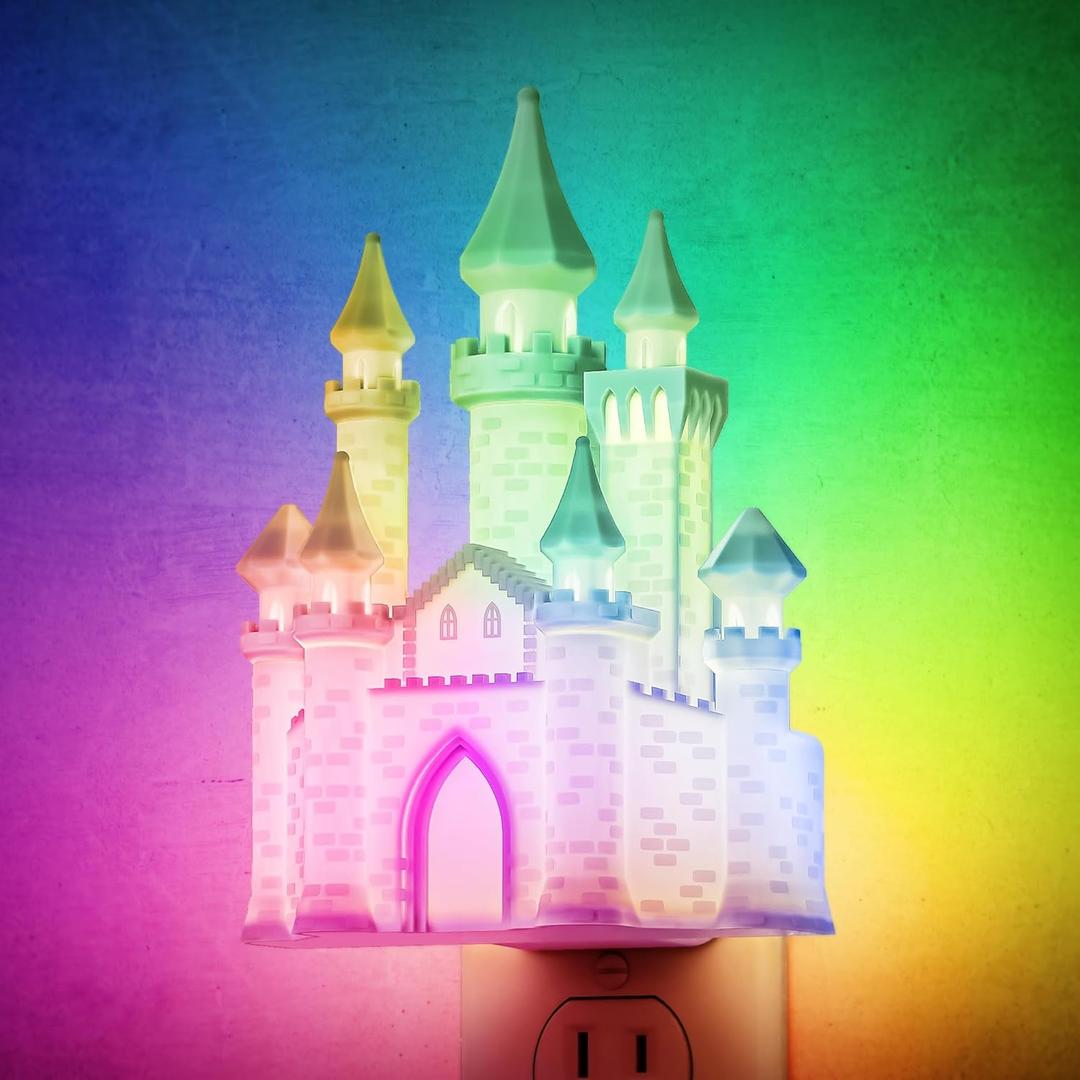 DORESshop Night Lights Plug into Wall,3D Printed Castle RGB Night Light,10-Color Change NightLight, 3 Level Brightness Adjustable Dimmable Nightlights with Dusk to Dawn Sensor for Bathroom Hallway