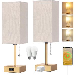Table Lamp for Bedroom set of 2,3-Color Bedside Lamps with Pull Chain Table Lamps for Nightstand with AC Outlets,Small Night Light Lamps with 2 Bulbs Lamps for Living Room Kids Room Office DecorGold (15inch)