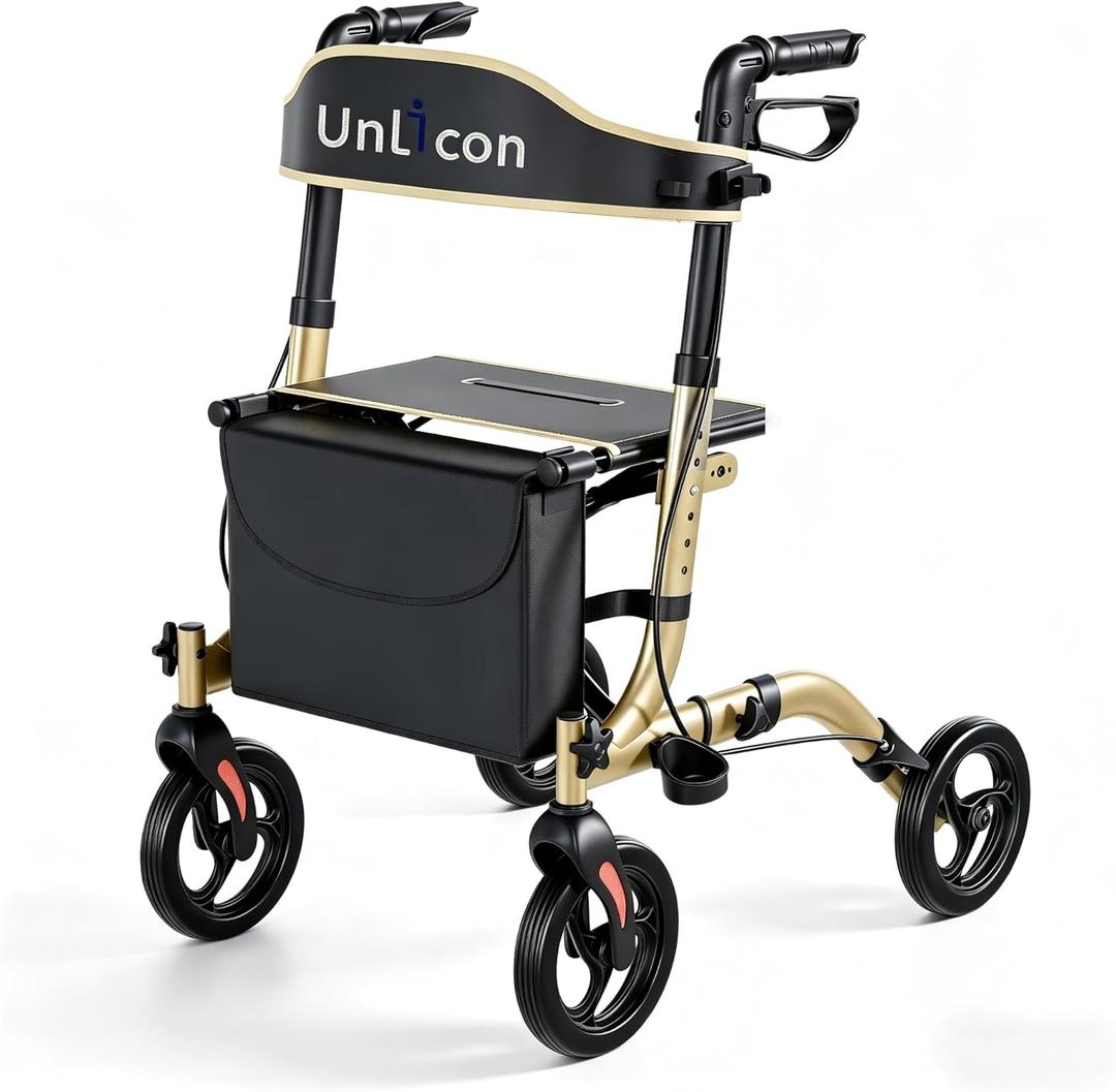 Rollator Walkers for Seniors Folding Rollator Walkers with Seat and Four 8 inch Wheels Medical Rollator Walker with Comfort Handles and Thick Backrest Aluminium Frame,Champagne