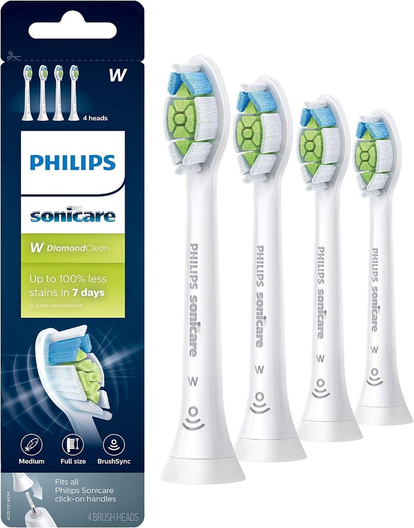 Philips Sonicare W DiamondClean - Genuine Replacement Electric Toothbrush Heads, White, 4 Pack One Year Supply, HX6064/65