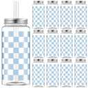 Patelai 12 Pack Light Blue Gingham Cups 13.5 oz Clear Blue Checkered Plastic Cups with Lid and Straw Reusable Plastic Plaid Tumbler for Baby Shower Wedding Birthday Bachelor Party Supplies