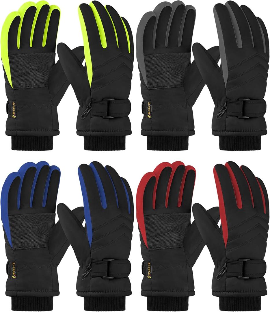 2 Pairs Kids Winter Snow Gloves Waterproof Windproof Warm Fleece Boys Girls Ski Gloves Outdoor Cold Weather (5-6 Years, Gray, Green, Dark Blue, Red)