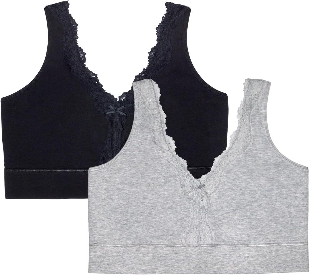 Fruit of the Loom Women's 2-Pack Full Coverage Wireless Cotton Bra-Soft & Everyday Comfort (X-Large, Grey Heather/Black Hue)