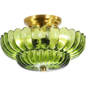 Flush Mount Ceiling Light Green Glass Light Brushed Brass Modern Light Fixture for Living Room Kitchen Bedroom Hallway 3 Bulbs(Bulb Not Included)