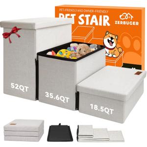 Zerbuger Dog Stairs with Storage 18" H, 3-Step Wider Dog Steps for Small/Medium/Large Old Dogs Cats, Folding Sturdy Pet Stairs Climbing Bed or Couch, Ramp for Car Up to 200 lbs (Beige, No Condo)