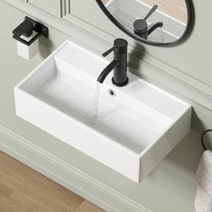 Wall Mount Rectangular Bathroom Sink, QISHKA 22"x12.4" Modern Ceramic Floating Vessel Sink, White Rectangle Vanity Sink with Overflow, Wall Hung Wash Hand Basin