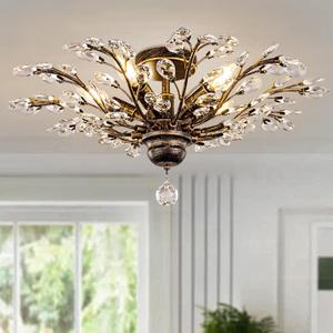 Wellmet Vintage Crystal Ceiling Light Fixture, 5 Lights Bronze Semi Flush Mount Ceiling Light Fixture, Modern Farmhouse Chandelier for Dining Room, Bedroom, Bathroom, Entryway, Hallway, W-24in