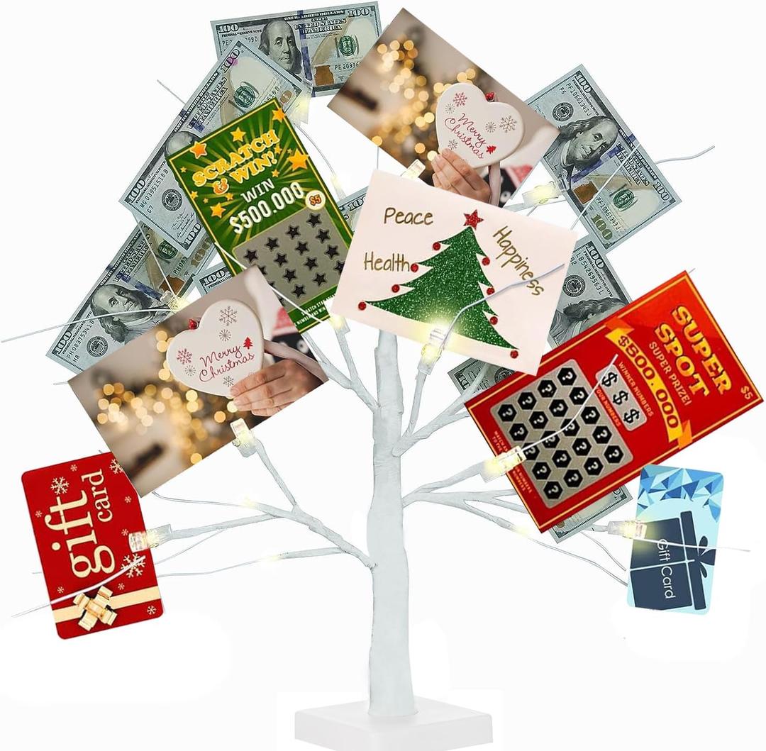 Money Tree Gift Holder, 2FT 24 LED Birch Tree with 12 Clear Clips, Battery Powered Lighted Display Card Trees for Christmas,Wedding, Photo Memo, Birthday GraduationWhite