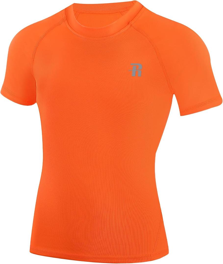 Runhit Boys Compression Shirt Short Sleeve Youth Basketball Undershirt Kids Quick Dry Athletic Base Layer T-Shirt Orange L