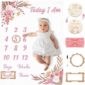 Floral Baby Milestone Blanket for Girls, Boho Baby Monthly Milestone Blanket Growth Photo Blankets with Bow Headband, Frames, Wooden Signs