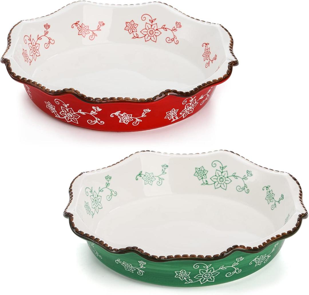 Cedilis Set of 2 Ceramic Pie Pan for Baking, 9 Inches Deep Dish Pie Plate, 47 Ounce Round Baking Dish for Apple & Pumpkin Pie, Red and Green