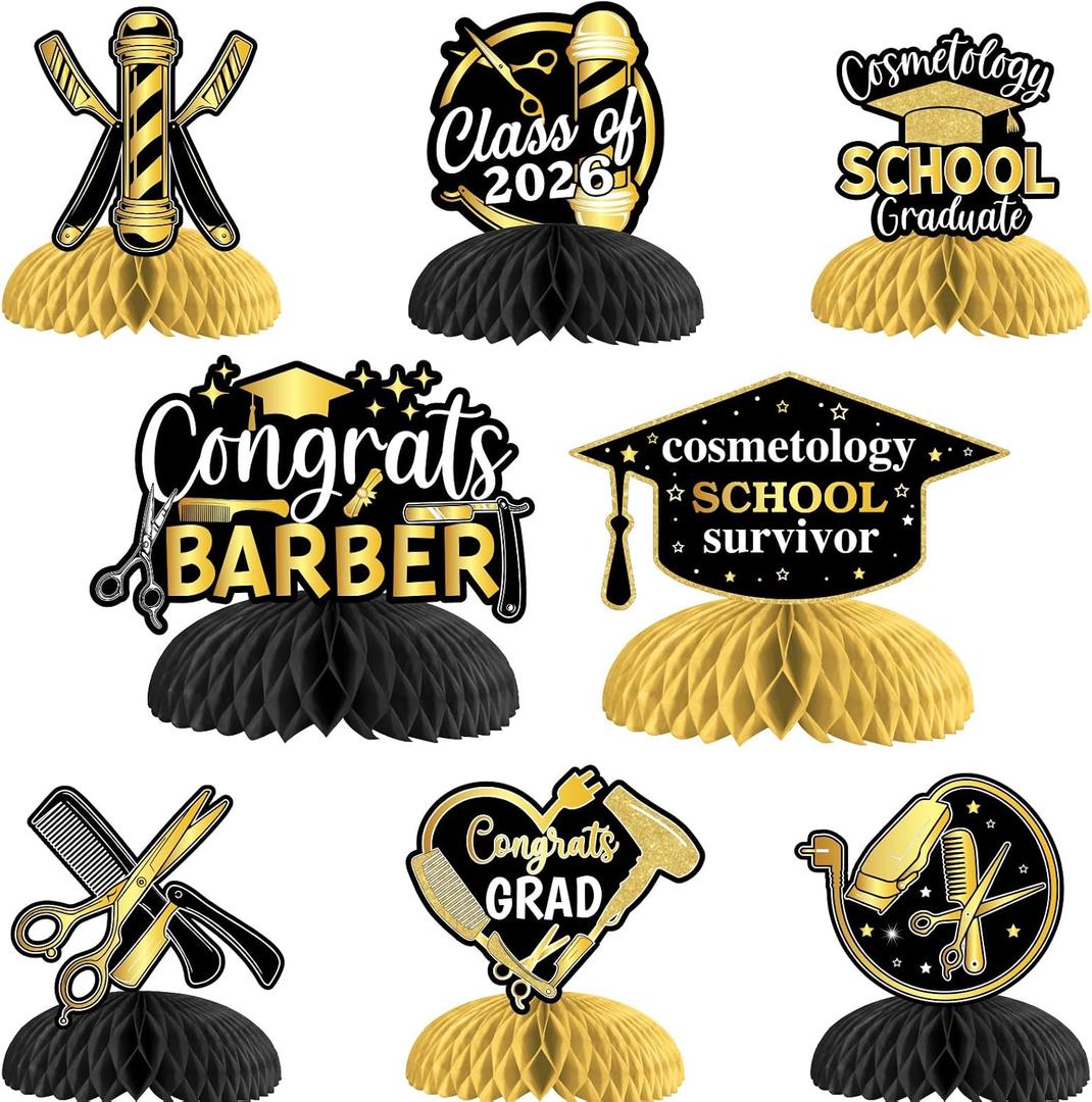 2 x Cosmetology Graduation Decorations 2026 Black Gold, 8pcs Barber Graduation Decoration Honeycomb Centerpiece Hairstylist Table Decoration for Cosmetologist School Survivor Graduation