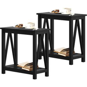 ChooChoo Farmhouse End Table Set of 2, Rustic Vintage Narrow End Side Table with Storage Shelf for Small Spaces, Nightstand Sofa Table for Living Room, Bedroom Black