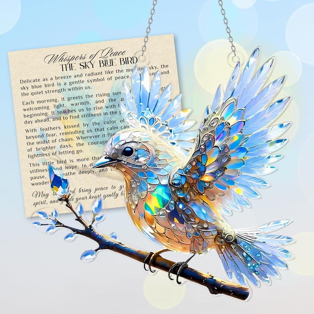 Crystal Sky Bluebird Acrylic Ornament (8 Inch) - Window Hanging Spirit Bluebird Ornament, Blue Bird Ornaments Art, Lightweight Blue Bird Decor for Home or Garden, Animal Ornaments for Christmas Tree