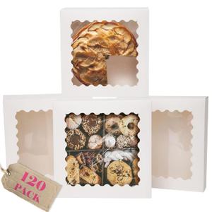 qiqee 10"x 10"x 2.5" White Pie Boxes with Window 120Packs Cookie Donut Bakery Box (Auto-pop Up)