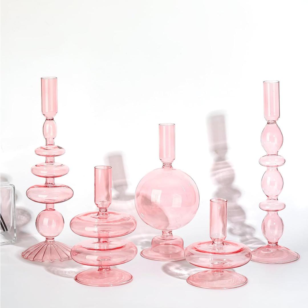 Rtteri 5 Pcs Glass Candlestick Holders Colorful Glass Taper Candle Stand Groovy Candlestick Wavy Boho Chic Clear Bases Holders Elegant Vase for Home Party Centerpiece(Pink)