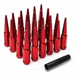 LUJIANI M14X1.5 Red Wheel Spike Lug Nuts, 24 PCS Lug Nut Wheel Accessories with 1 Socket Key, Thread Spiked 4.4" Long Closed End Nuts Compatible with Silverado Sierra 1500