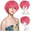 Pink Anime Wig Short Layered Pink Cosplay Wig Unisex Heat Resistant Synthetic Hair for Halloween Party Costume