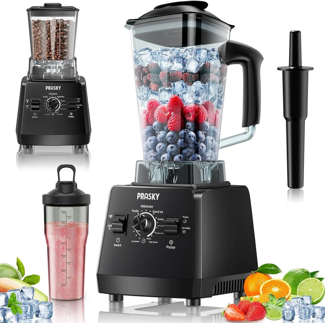 Blender for smoothies, PRASKY 1000W Blenders for Kitchen, 25,000 RPM Powerful Blender 68oz BPA-Free Juicer and Grinder with To-Go Gym Bottle, Countertop Blenders for Ice Crushing, Shakes, Fruits, Black