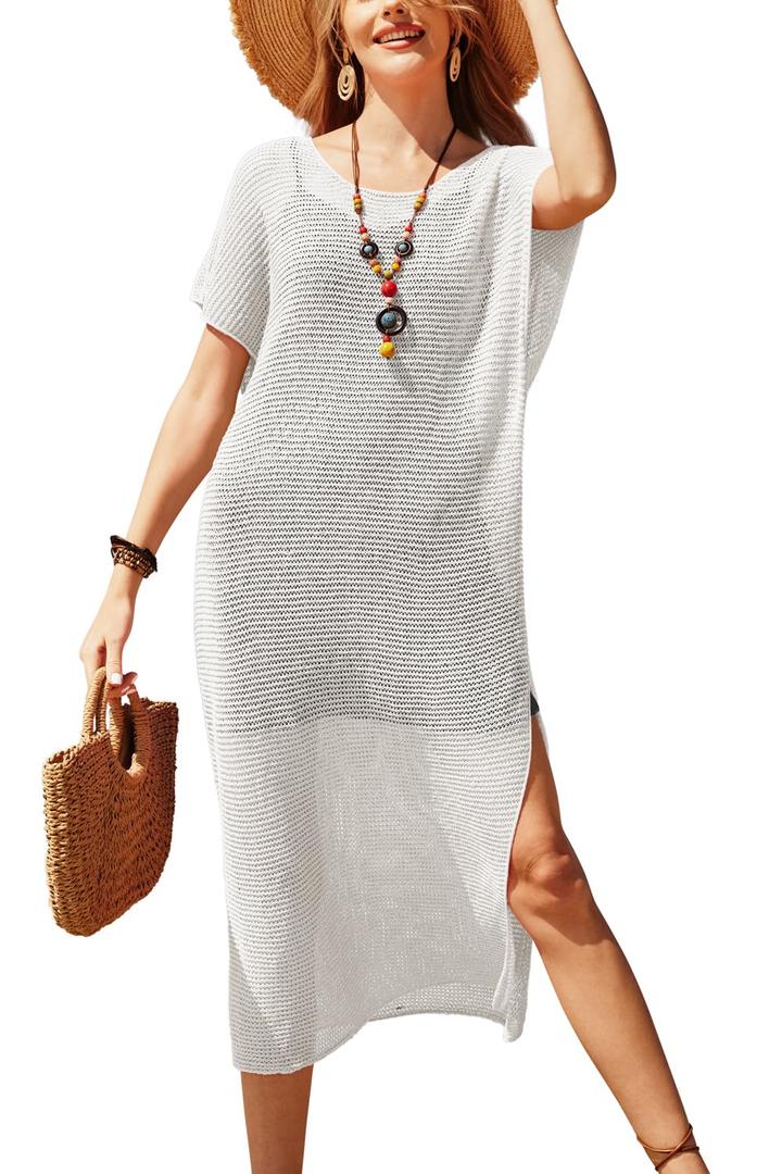 VOTEPRETTY Womens Swimsuit Cover Ups Sets 2024 Crochet Beach Two Piece Outfits Knit Swimwear Vacation Split Dress Orange (Orange, S)