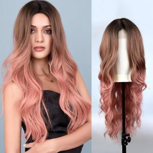 Long Omre Pink Wigs for Women, 24 Inch Hair Wigs with Lace, Heat Resistant Curly Synthetic Natural Looking Pink Wavy Middle Part Hair Replacement for Cosplay,Halloween,Daily Party