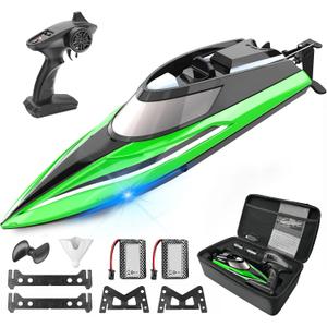 BEZGAR RC Boat, 14 inch Remote Control Boat - Self-righting, 40 Min Dual-Battery, 32 KPH Fast RC Boats for Kids & Adults with LED Lights for Pool, Lake, Ocean, Waterproof & Suitcase - Green, 9.06 x 15.75 x 5.12 inches