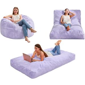 Hobestluk Bean Bag Chair Convertible Beanbag Chairs for Adults, 3 in 1 Bean Bag with Plush Faux Fur Cover, Adult Bean Bag Chair for Living Room, Bedroom (Purple, Twin)