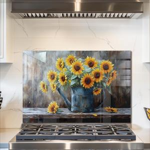 fzxwyishu Tempered Glass Backsplash for Kitchen,Stove Splashback Protector Sunflower Design | Heat-Resistant Splash Board, Kitchen Wall Decoration, 30"L x 20"W