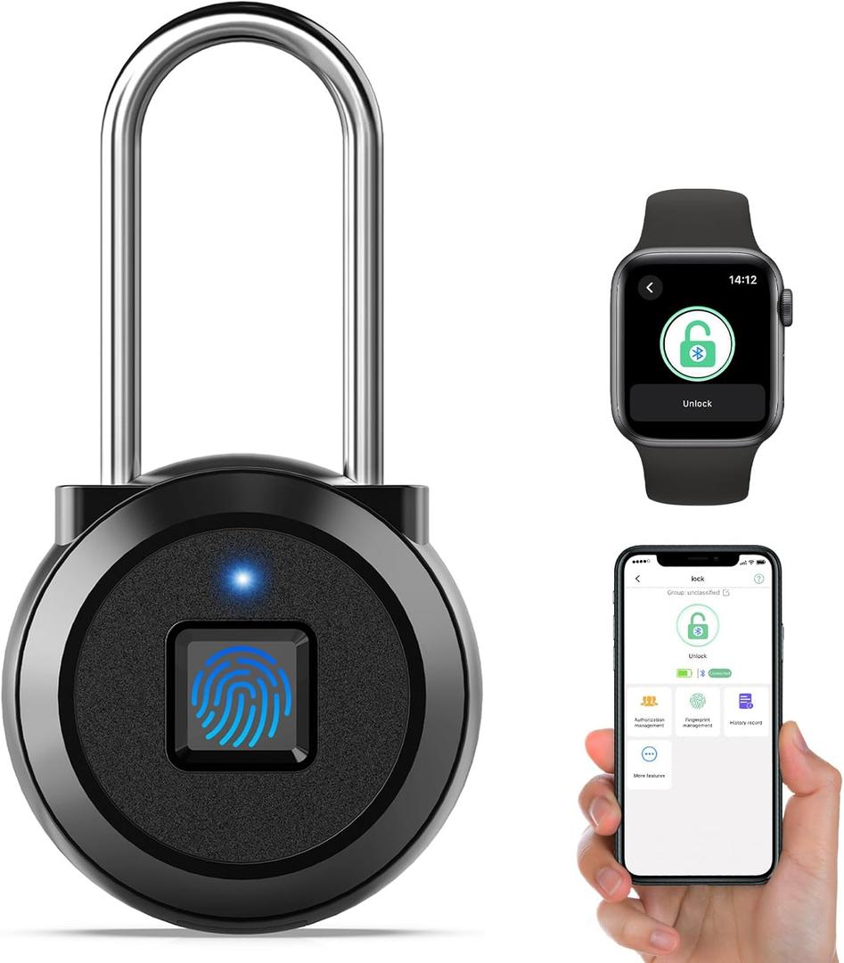 Fingerprint Padlock eLinkSmart Long Padlock with 45MM Shackle Phone App Bluetooth Weatherproof Combination Locker Lock for Gym Locker Locker Backpack Suitcase Luggage Black