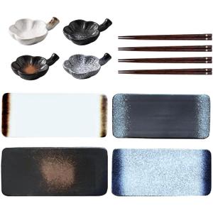 12 Pcs Sushi Plates with Sauce dish and Chopsticks, Ceramic Rectangular Platters Serving Trays Set, Sushi Dishes, Japanese Dinnerware Set
