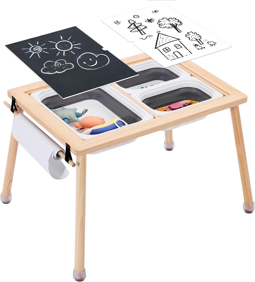 WOOD CITY Sensory Table for Toddlers Kids, Wooden Activity Table for Play Study Paper Roll Holder Indoor/Outdoor Montessori Play Sand and Water Table with Foldable Toys Storage Bins, 29.1 Inches X 19.7 Inches X 21.3 Inches