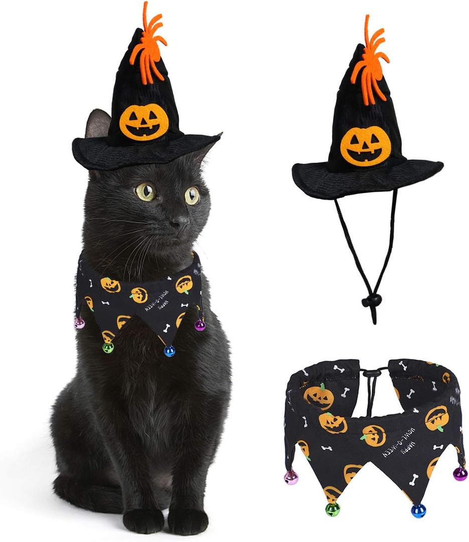 Rypet Cat Halloween Costume Halloween Cat Collar with Bells and Halloweens Pumpkin Hat Cats Costume Suit for Cats and Small Dogs