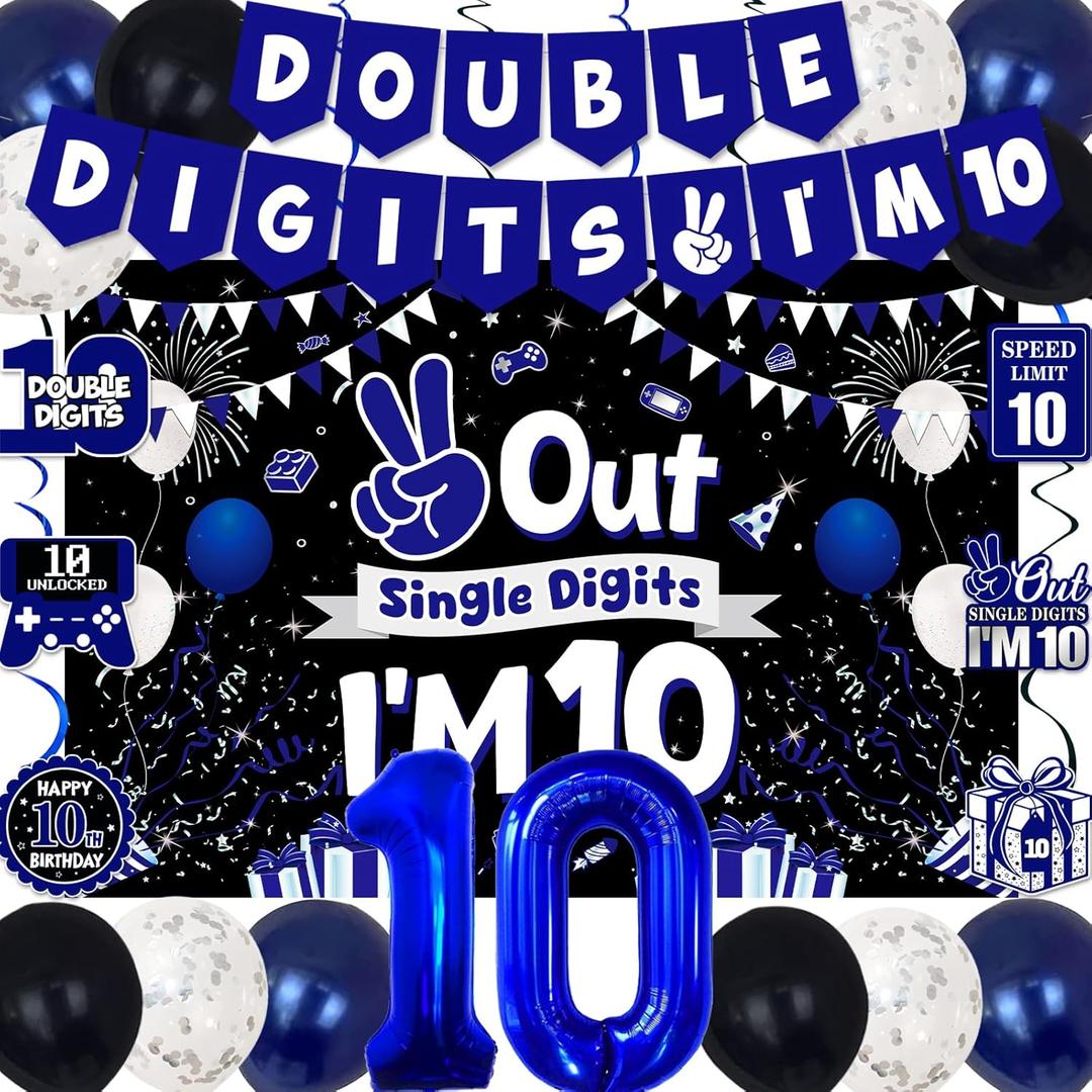 10th Birthday Decorations for Boys Girls, Blue Black Out Single Digits I'm 10 Birthday Party Decorations, Double Digits I'm 10 Banner, Foil Balloons 10, Banner, Balloons, Hanging Swirl, Birthday Card