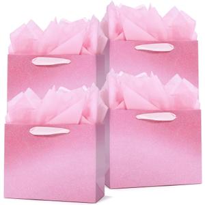 PAPER FAIR 12Pcs Ombre Rose Baby Pink Gift Bags Bulk w/ 24 Tissue Paper, 9 x 7 In, Gradient Pastel Glitter Paper Gift Wrap Bag, Recyclable Gift Packaging for Valentines Mother's Day Birthday Baby