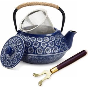 Juvale Japanese Cast Iron Teapot with Infuser & Stovetop Tea Kettle - 34 oz, Blue - Heat Retention, Removable Lid & Fold-Down Handle