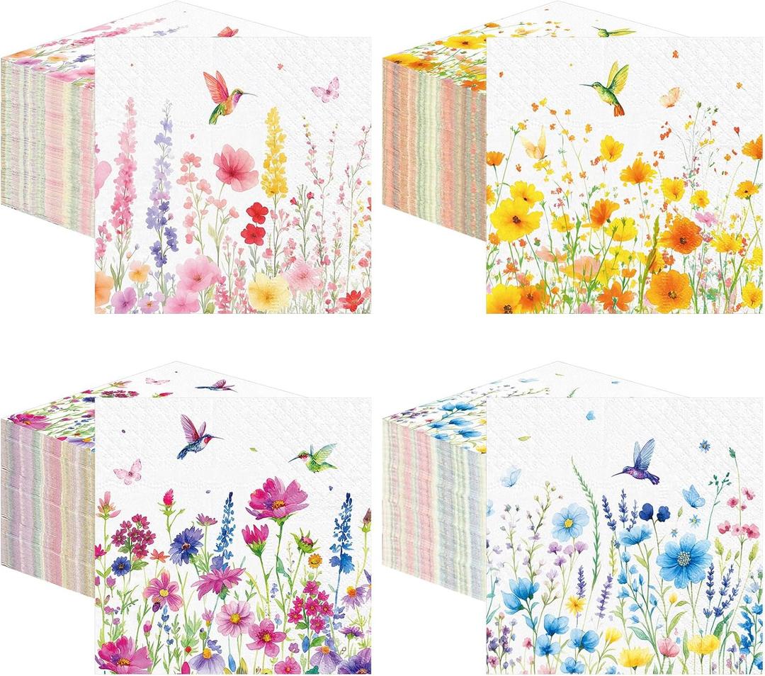 Fulmoon 200 Pieces Spring Flower Cocktail Napkins Disposable Floral Paper Dinner Napkins Wildflower Hummingbird Beverage Hand Towel for Spring Summer Tea Party Decor