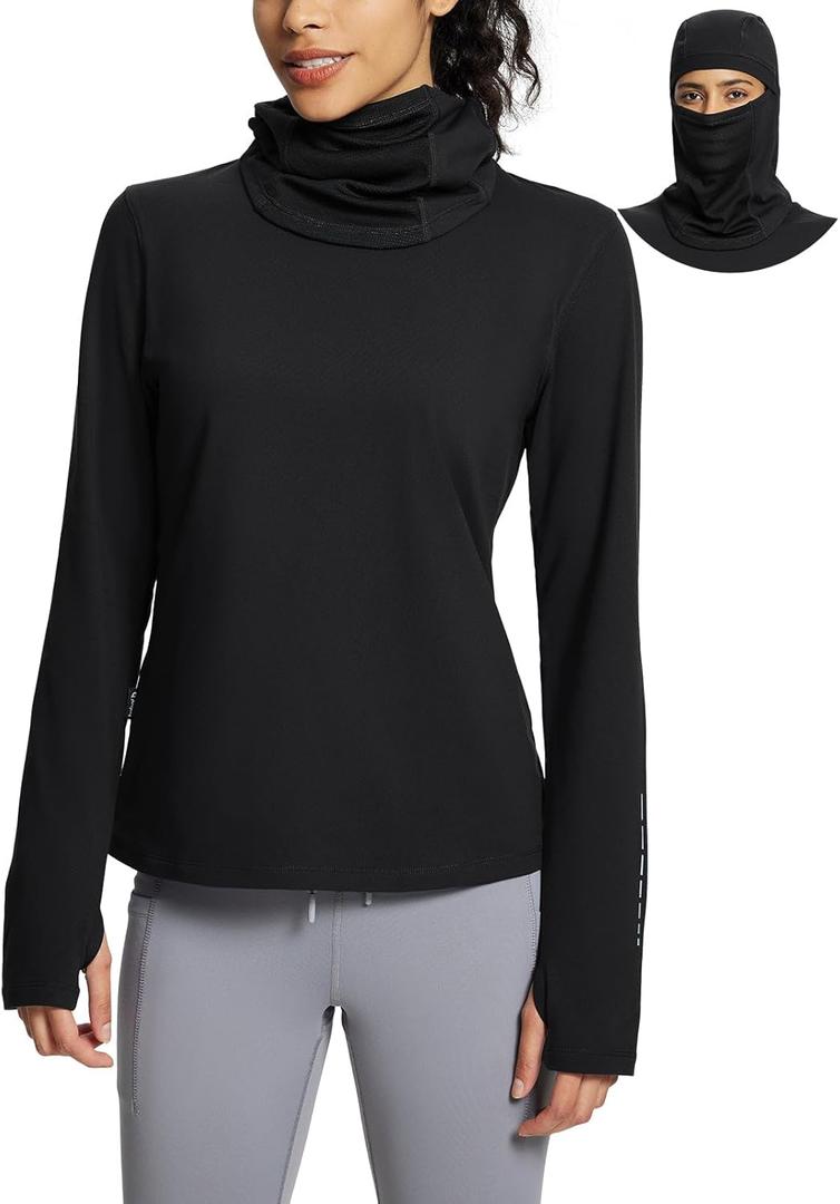 baleaf Thermal Long Sleeve Women Shirts Winter Clothes Cowl Neck Warm Fleece Base Layer Tops with Balaclava and Thumbholes (X-Large, Black)