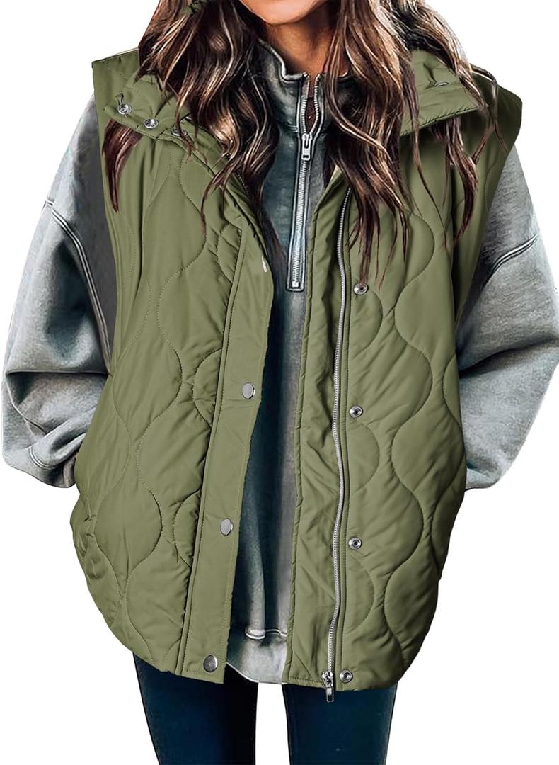 EVALESS Cropped Puffer Vest Women Lightweight Quilted Stand Collar Sleeveless Jackets Fall Winter 2025 Button Zip Up Coat (Small, Army Green)